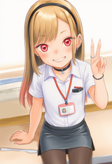 1girl, Kitagawa Marin, Blonde Hair, red eyes, office lady, white shirt, black pa s-2598753912