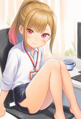 1girl, Kitagawa Marin, Blonde Hair, red eyes, office lady, white shirt, black pa s-3808574208