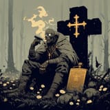 skeleton at the grave of his holy friend