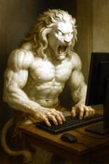 marble lion angry as his computer