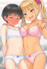 1girl, 1boy, age difference, height difference, shota, femboy, crossdressing, gy s-2203857354