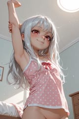 139518-3346638841-HDR, preteen girl long hair silver hair red eyes freckles, sleeveless pyjama top, bottomless, low angle, girl bedroom, stretchin