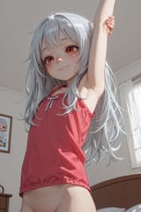 139525-2354592711-HDR, preteen girl long hair silver hair red eyes freckles, sleeveless pyjama top, bottomless, low angle, girl bedroom, stretchin