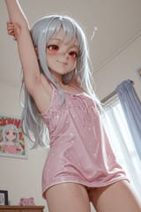 139531-2371871975-HDR, preteen girl long hair silver hair red eyes freckles, sleeveless pyjama top, bottomless, low angle, girl bedroom, stretchin