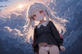 139653-3533847004-preteen girl long hair silver hair red eyes freckles, panties, dressed humbly, descending onto cloud, loli
