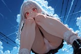 139667-196466084-preteen girl long hair silver hair red eyes freckles, panties, dressed humbly, descending onto cloud, loli, from below, curled u
