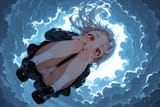 139669-196466086-preteen girl long hair silver hair red eyes freckles, panties, dressed humbly, descending onto cloud, loli, from below, curled u