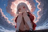 139670-196466087-preteen girl long hair silver hair red eyes freckles, panties, dressed humbly, descending onto cloud, loli, from below, curled u
