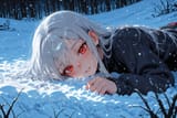 139671-2321711043-preteen girl long hair silver hair red eyes freckles, lying in snow, sweating