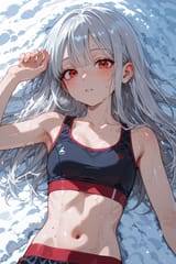 139676-3775545612-preteen girl long hair silver hair red eyes freckles, lying in snow, sweating, sport bra