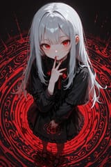 139707-233670384-preteen girl long hair silver hair red eyes freckles, posing, high angle, hebe, blood swirl, magic swirl