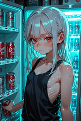 139904-1001692903-preteen girl long hair silver hair red eyes freckles, fridge, can, sweat, tanktop, sideboob, small boobs, loli