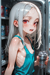 139907-3721603449-preteen girl long hair silver hair red eyes freckles, [_empty fridge_0.2], can, sweat, tanktop, sideboob, small boobs, loli, gas