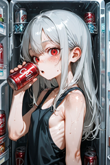 139908-2856252858-preteen girl long hair silver hair red eyes freckles, [_empty fridge_0.2], can, sweat, tanktop, sideboob, small boobs, loli, gas