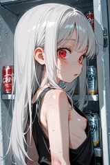 139918-1633126655-preteen girl long hair silver hair red eyes freckles, [_empty fridge, can_0.2], sweat, tanktop, sideboob, small boobs, loli, gas