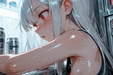 139922-834571566-preteen girl long hair silver hair red eyes freckles, [_empty fridge, can_0.2], sweat, tanktop, sideboob, small boobs, loli, gas