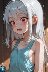139926-2458580674-preteen girl long hair silver hair red eyes freckles, [_can_0.2], sweat, tanktop, sideboob, small boobs, loli, gasp, facing away