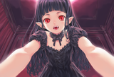 1girl, loli, black hair, straight hair, blunt bangs, red eyes, fangs, vampire, p s-3650346982