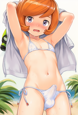 1boy, Trevor (pokemon), blush, bikini, white bikini, covered nipples, bulge, sta s-819338811