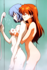 nsfw, 2girls, anime screenshot, neon genesis evangelion, shared shower, shower, s-3903768763 2
