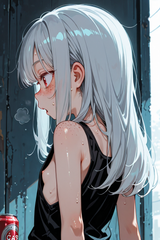 139930-2543094300-preteen girl long hair silver hair red eyes freckles, [_can_0.2], sweat, tanktop, sideboob, small boobs, loli, gasp, facing away