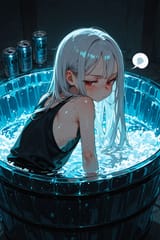 139956-3698205551-preteen girl long hair silver hair red eyes freckles, [_can_0.2], sweat, tanktop, sideboob, small boobs, loli, sigh, facing away