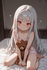 140060-1277671850-preteen girl long hair silver hair red eyes freckles, loli, squirming on bed, clutching teddy