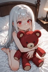 140062-1277671852-preteen girl long hair silver hair red eyes freckles, loli, squirming on bed, clutching teddy