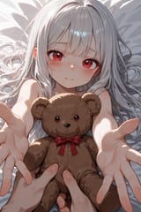 140069-2392397694-preteen girl long hair silver hair red eyes freckles, loli, squirming on bed, clutching teddy, reaching out, consoling