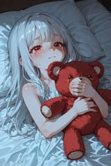 140075-2732025741-preteen girl long hair silver hair red eyes freckles, loli, squirming on bed, clutching teddy, reaching out, consoling, tears