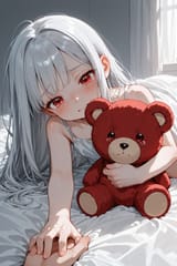 140082-911529834-preteen girl long hair silver hair red eyes freckles, loli, squirming on bed, clutching teddy, reaching out, consoling, tears, h