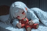 140085-4097635722-preteen girl long hair silver hair red eyes freckles, loli, squirming on bed, clutching teddy, reaching out, consoling, tears, h