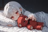 140089-778249052-preteen girl long hair silver hair red eyes freckles, loli, squirming on bed, clutching teddy, reaching out, consoling, tears, h