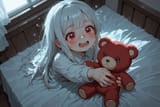 140090-778249053-preteen girl long hair silver hair red eyes freckles, loli, squirming on bed, clutching teddy, reaching out, consoling, tears, h