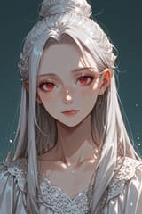 140104-3011805729-Old wise adult preteen girl long hair silver hair red eyes freckles, hair bun,