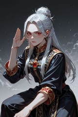140105-697906330-Old wise adult preteen girl long hair silver hair red eyes freckles, hair bun, Royal stance