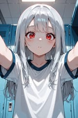 140127-2577241402-preteen girl long hair silver hair red eyes freckles, leaning in, locker room from below
