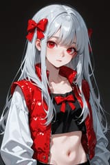 140187-1503235132-preteen girl long hair silver hair red eyes freckles, open vest, bow, crop top shirt, midriff