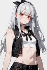 140188-1451685186-preteen girl long hair silver hair red eyes freckles, fine vest, open vest, bow, crop top shirt, midriff