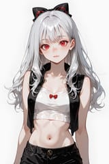 140189-2924365240-preteen girl long hair silver hair red eyes freckles, fine vest, open vest, bow, crop top shirt, midriff