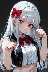 140190-2455393974-preteen girl long hair silver hair red eyes freckles, fine vest, open vest, bow, crop top shirt, midriff, paw pose