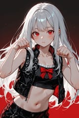 140191-2455393975-preteen girl long hair silver hair red eyes freckles, fine vest, open vest, bow, crop top shirt, midriff, paw pose