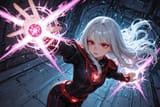 140419-2581455561-preteen girl long hair silver hair red eyes freckles, (dynamic spell_1.9), (aerial angle_1.9)