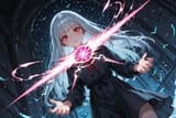 140420-284775134-preteen girl long hair silver hair red eyes freckles, (dynamic spell_1.9), (bird angle_1.9)