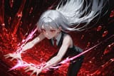 140426-2730799481-preteen girl long hair silver hair red eyes freckles, (dynamic spell_1.9), (wide angle_1.9), blood ice, vest tie, sleeveless shi