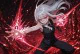 140428-2967877780-preteen girl long hair silver hair red eyes freckles, (dynamic spell_1.9), (wide angle_1.9), blood ice, vest tie, sleeveless shi