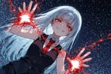 140432-3259040119-preteen girl long hair silver hair red eyes freckles, (dynamic spell_1.5), (wide angle_1.9), blood ice, vest tie, sleeveless shi