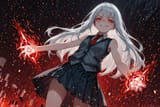 140441-1849290271-preteen girl long hair silver hair red eyes freckles, (dynamic spell_1.5), (wide angle_1.9), blood ice, vest tie, sleeveless shi