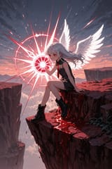 140485-1926585446-[preteen girl long hair silver hair red eyes freckles_0.1], (dynamic spell_1.5), blood sitting on a cliff, vest tie, sleeveless