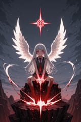 140486-1926585447-[preteen girl long hair silver hair red eyes freckles_0.1], (dynamic spell_1.5), blood sitting on a cliff, vest tie, sleeveless